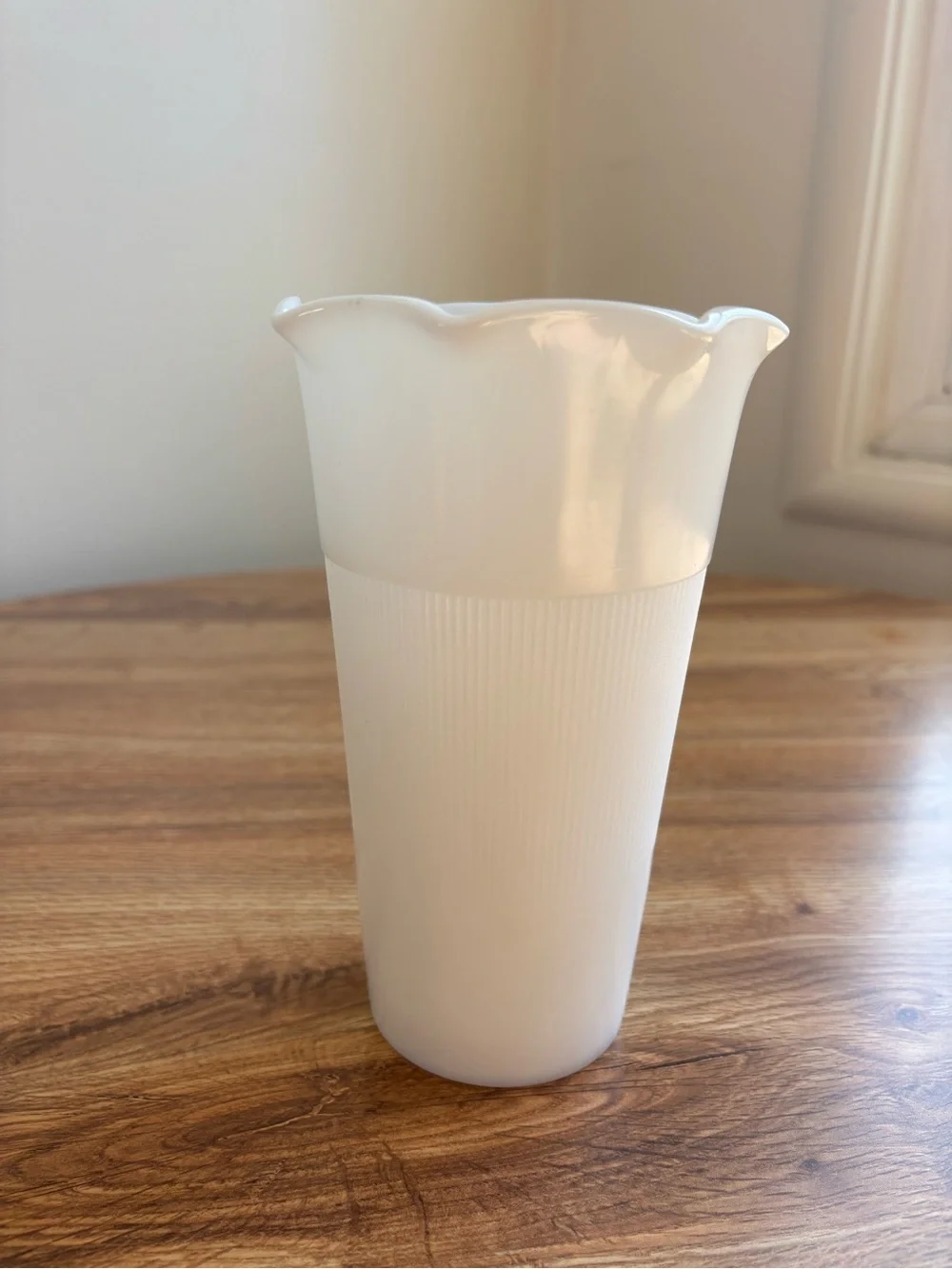 Vintage 7” Hazel Atlas Milk Glass Vase With Micro Fluted Center Band and Ruffle